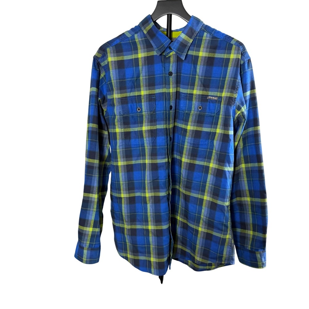 Eddie Bauer TRAVEX Mens Blue Lime Green Plaid Flannel Button Down Shirt Large L